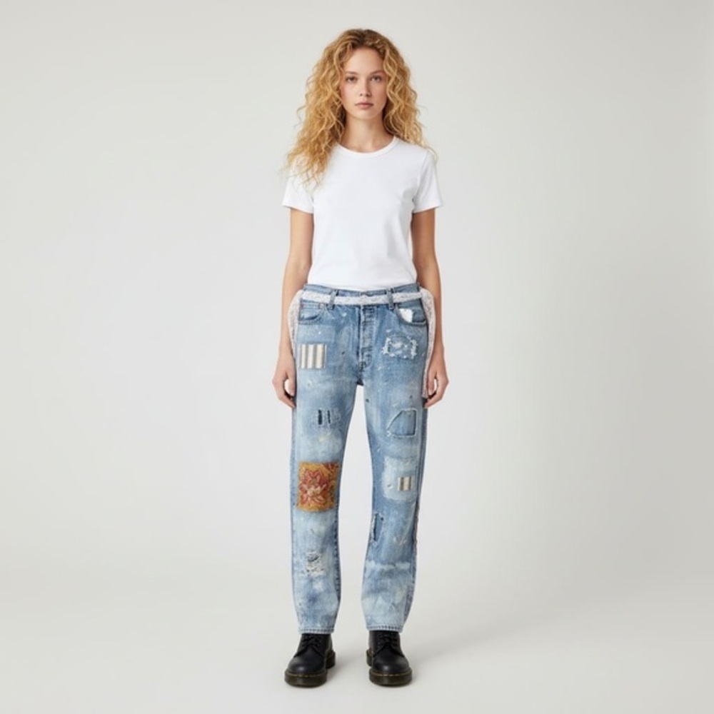 Upcycled Levi’s 501 Boyfriend Jeans Shabby Chic Distressed 34x30